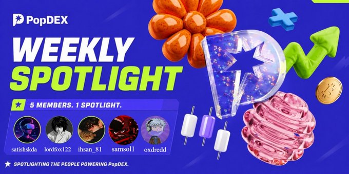 A purple 'Weekly Spotlight' graphic for PopDEX highlighting '5 MEMBERS. 1 SPOTLIGHT.', featuring avatars and usernames including satishskda, lordfox122, ihsan_81, samsol1, and oxdredd.