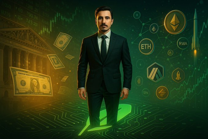 Digital artwork of a man in a black suit standing between a classical building with floating US dollar bills on one side and cryptocurrency logos (ETH, RWA, SPK) with stock charts on the other.
