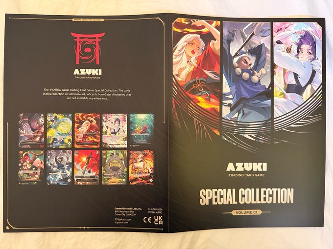 An open promotional booklet for the 'AZUKI TRADING CARD GAME SPECIAL COLLECTION VOLUME 01' displays anime-style character artwork and a sample of trading cards from Gates Awakened.