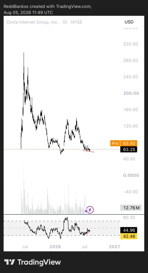A TradingView chart of Circle Internet Group, Inc. ($CRCL) on NYSE shows the ticker declining sharply from highs around $300 to $63.40 pre-market on August 5, 2026, with an RSI of 44.96—contrasting the post's argument that strong fundamentals ($701M revenue, $73.3B USDC circulation) support the long-term thesis despite bearish price action.