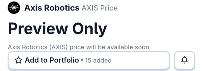 A preview graphic for 'Axis Robotics' (ticker: AXIS) showing 'Preview Only' text and an 'Add to Portfolio' button with '15 added'.