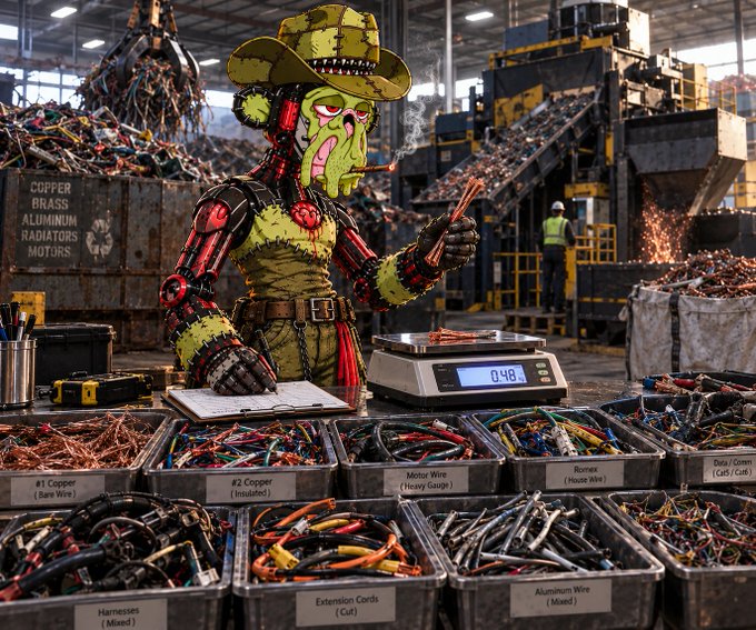 A green, zombie-like character in a cowboy hat smoking a cigarette sorts through bins of categorized wires (copper, motor wire, harnesses, etc.) on a digital scale in an industrial scrap yard.