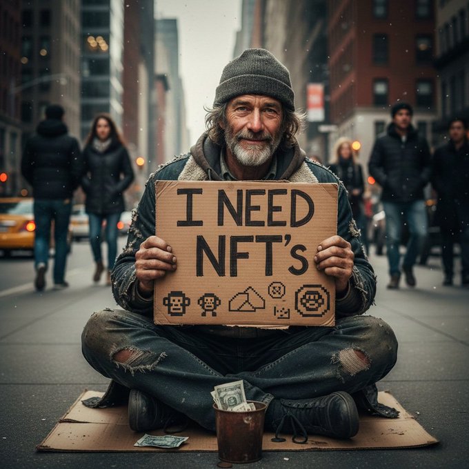 A digital illustration of a homeless man sitting on a city street holding a cardboard sign that reads 'I NEED NFT'S' with small pixel art icons below the text and money at his feet.