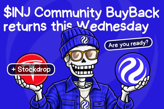 A graphic announcement reading '$INJ Community BuyBack returns this Wednesday' with '+ Stockdrop' and 'Are you ready?', featuring a skeleton character holding INJ and another token coin.
