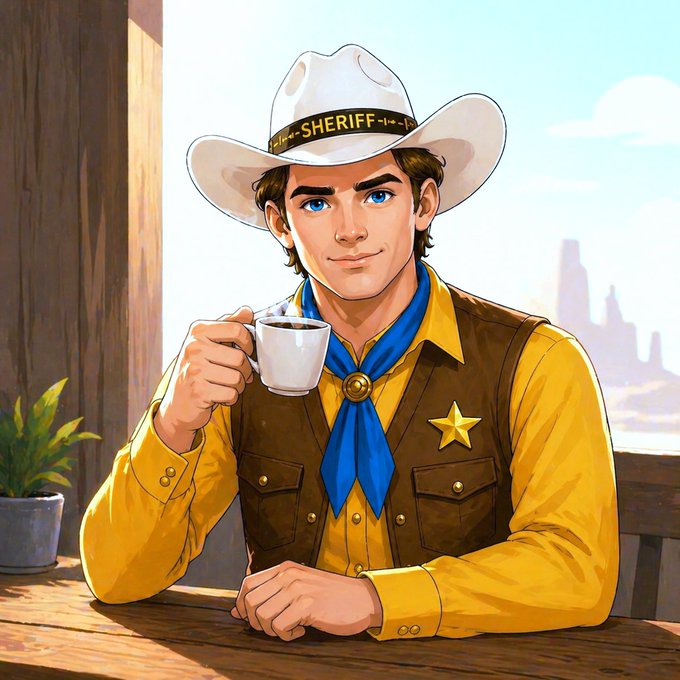A cowboy sheriff wearing a hat that reads "SHERIFF" and a star badge enjoys his morning coffee, fitting the "Good Morning Frens!" vibe with his relaxed, welcoming demeanor. The western setting and steamy cup of joe reinforce the cheerful morning greeting.