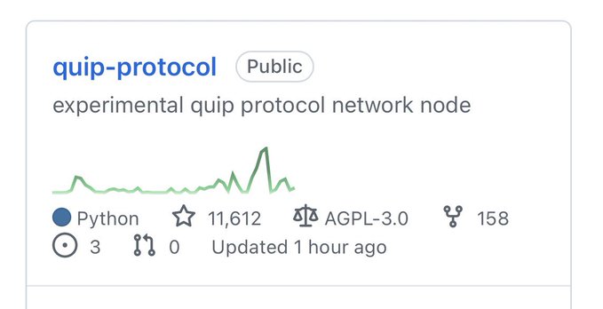 A GitHub repository card for 'quip-protocol' (Public), described as an 'experimental quip protocol network node' with 11,612 stars.