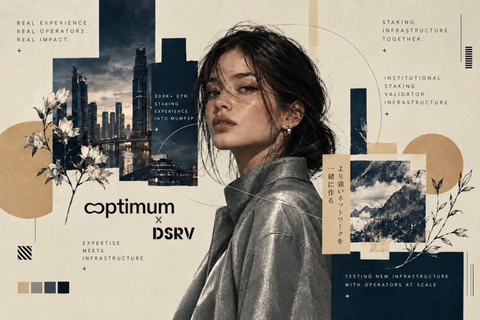 A promotional graphic for 'optimum x DSRV' featuring a young woman against a collage of cityscapes and floral elements, with text emphasizing 'Expertise Meets Infrastructure,' '300k+ ETH Staked & Experience into MUM20,' and 'Institutional Staking Validator Infrastructure.'