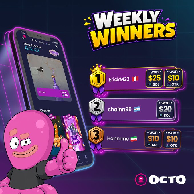 A promotional graphic for 'WEEKLY WINNERS' by OCTO, showing the top 3 winners: ErickM22 ($25 SOL + $10 OTK), chainn95 ($20 SOL), and Hannane ($10 SOL + $10 OTK), alongside a pink cartoon character giving a thumbs up.