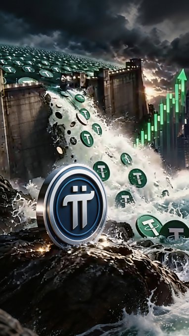 A dramatic digital artwork shows Pi cryptocurrency coins bursting through a dam with rushing water, set against a stormy sky with a green candlestick chart indicating a price increase.
