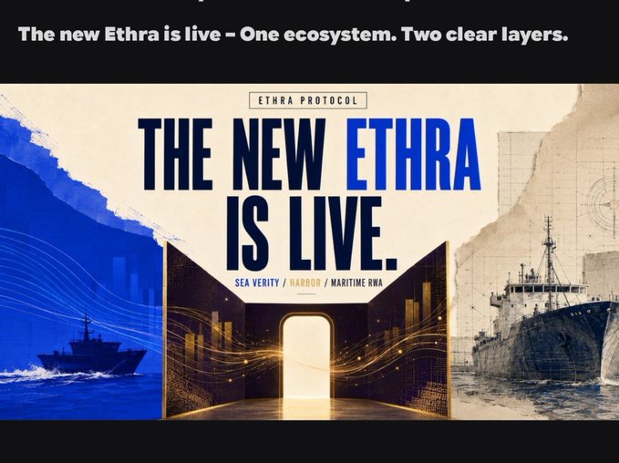 Promotional banner for 'The New Ethra Is Live' by Ethra Protocol, featuring naval ships, blueprints, and text reading 'One ecosystem. Two clear layers' with 'Sea Verify / Harbor / Maritime RWA'.