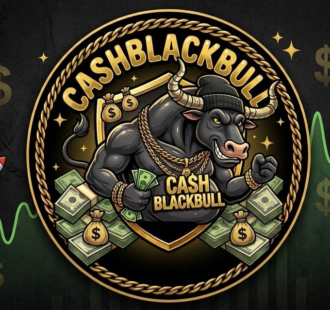 CASHBLACKBULL logo featuring a muscular black bull wearing gold chains and holding money bags, surrounded by dollar signs and cash.