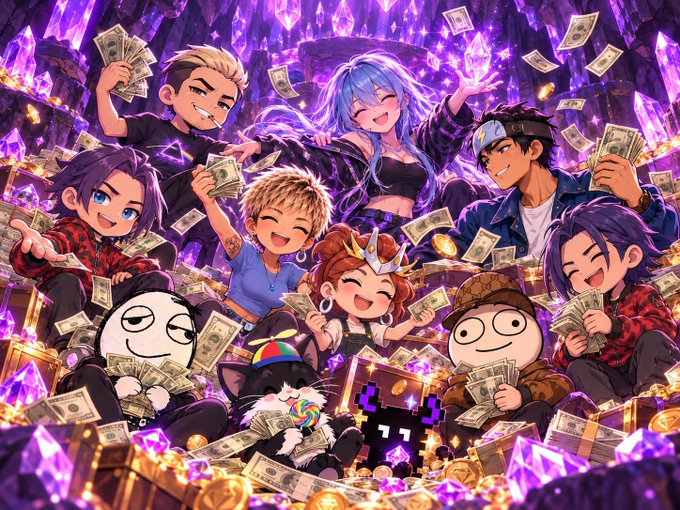 A vibrant, colorful anime-style illustration of a group of characters celebrating amidst piles of money and purple crystals, with small mascots and a pixelated character included.