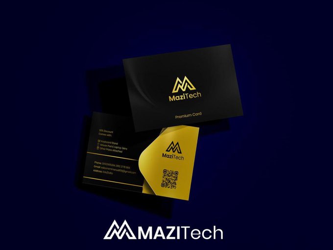 Marketing image displaying the MAZITech Premium Card with a gold and black design featuring a logo, QR code, and contact details for the technology company.