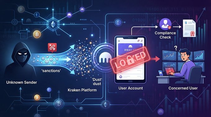A digital illustration depicts a "dust attack" on Kraken, showing an unknown sender dispersing tiny crypto amounts (sanctions/dust) toward a user account that is flagged "LOCKED," triggering compliance checks and leaving the concerned user worried about frozen funds. The image visually reinforces the post's warning that thousands of small transactions to Kraken-linked addresses from August 17–24 can potentially trap users in compliance holds.