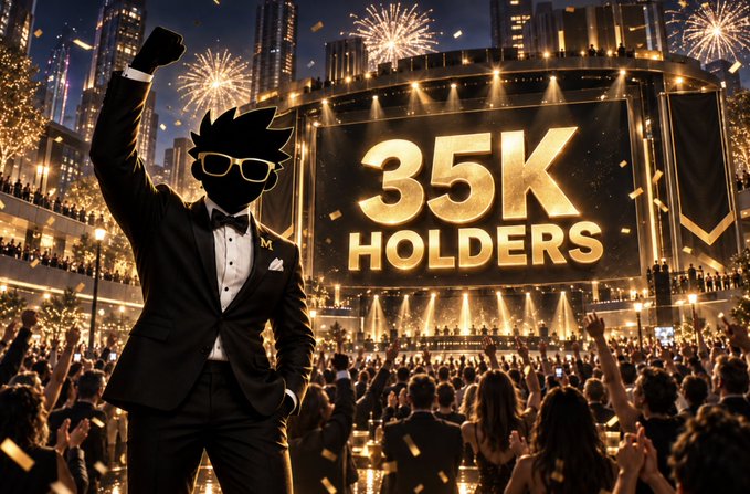 A digital artwork featuring a silhouetted figure in a tuxedo and sunglasses raising a fist in celebration, with a stadium crowd and a large screen displaying '35K HOLDERS' behind them.