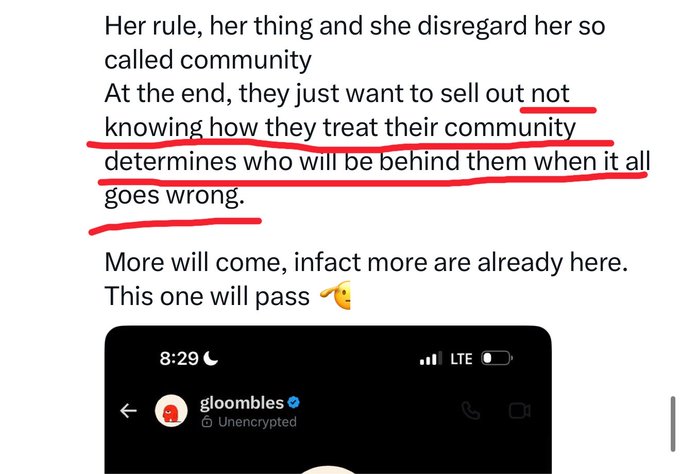 A social media post criticizing a project's treatment of its community, with highlighted text reading "not knowing how they treat their community determines who will be behind them when it all goes wrong," followed by a Signal message conversation with "gloombies" labeled "Unencrypted." The post reflects the accompanying caption's observation that some people mint NFTs out of loyalty and support for a creator, even when the project is struggling, emphasizing that genuine community members reveal themselves when projects face hardship.
