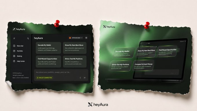 Two pinned note images displaying a mockup of the 'heyAura' AI chat interface, showing prompt suggestions like 'Decode My Wallet!', 'Show My Next Best Move', and 'Find Missed Opportunities'.