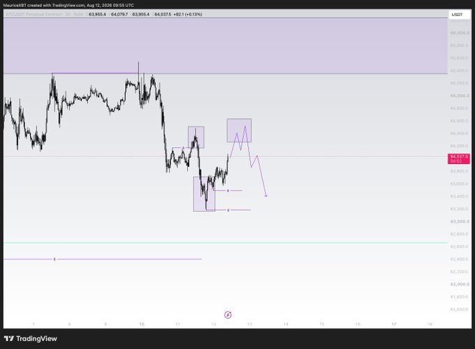 A TradingView candlestick chart of XAU/USD (Gold) on a 30-minute timeframe dated August 12, 2026, with technical analysis annotations including purple boxes, arrows, and trend lines drawn on the chart.