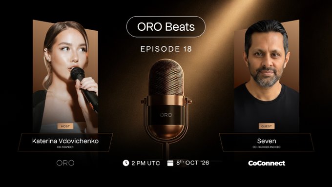 Promotional image for the ORO Beats podcast Episode 18, featuring a bronze microphone centerpiece between portraits of Katerina Vdovichenko (Host, ORO Co-Founder) and Seven (Guest, Co-Founder/CEO of CoConnect), scheduled for 2 PM UTC on 8th October. The design visually represents the upcoming livestream conversation between the two Web3 founders, matching the announcement about discussing onchain adoption and converting protocol attention into real users.