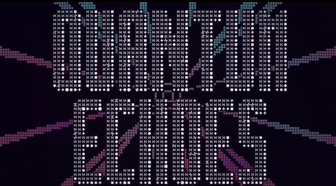 A digital artwork features the words 'NORTH NODE' in large, pixelated letters made of symbols, set against a dark background with purple geometric patterns.