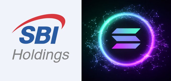 The image shows the SBI Holdings logo on the left alongside the glowing neon Solana (SOL) logo on the right, visually representing the newly announced strategic partnership between SBI and the Solana Foundation.