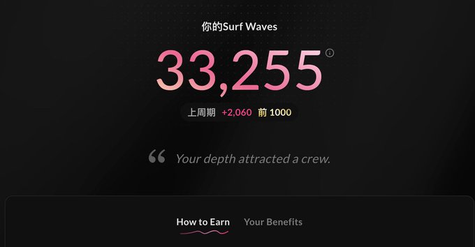 Dark dashboard screen displaying 'Your Surf Waves' score of 33,255, with '+2,060' gain last week and a quote reading 'Your depth attracted a crew.'