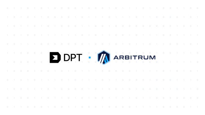 A digital graphic featuring the logos 'DPT' and 'ARBITRUM' separated by a dot, set against a light background with a pattern of faint '0's and '1's.