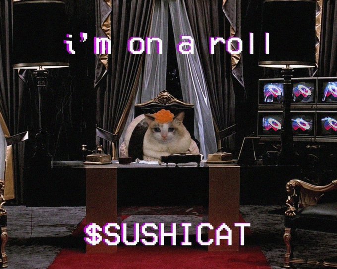 A cat wearing a sushi roll on its head sits at an ornate desk in a lavish room, with pixelated text reading "i'm on a roll" above and "$SUSHICAT" below—tying into the wallet address 0xc8c2f2abe2faef9010a0284550c477f6c33792dd presented as a crypto-style meme.