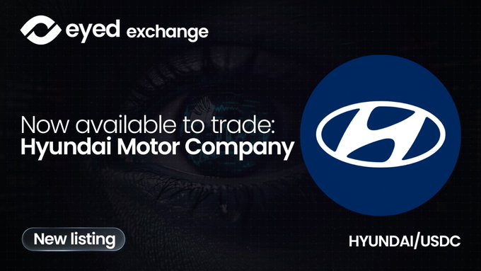 An announcement graphic from "eyed exchange" stating "Now available to trade: Hyundai Motor Company," with the text "HYUNDAI/USDC" and a "New listing" badge.