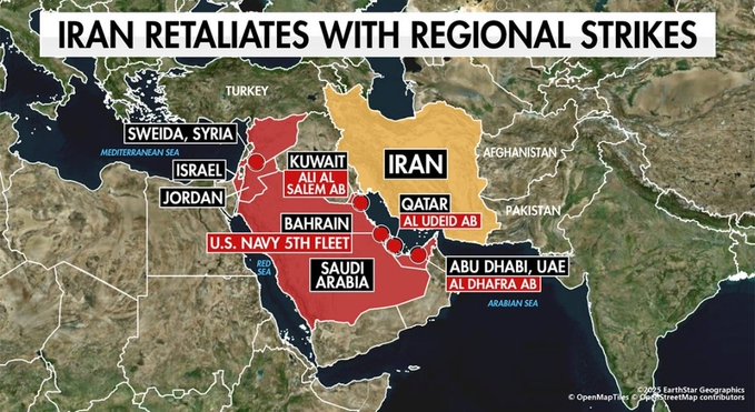 A geopolitical map titled 'IRAN RETALIATES WITH REGIONAL STRIKES' showing Iran highlighted in yellow and surrounding Middle Eastern countries in red, marking air bases including Al Udeid AB, Al Dhafra AB, and Ali Al Salem AB.