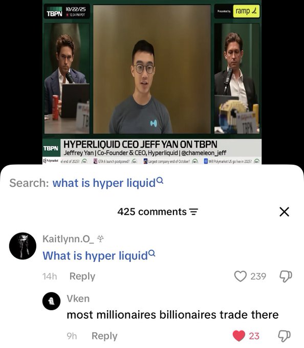 A YouTube video screenshot featuring Hyperliquid CEO Jeff Yan on TBPN (titled 'HYPERLIQUID CEO JEFF YAN ON TBPN'), with the search bar showing 'what is hyper liquid' and a comment by 'Kaitlynn.Q_' asking the same question, followed by a reply from Vken stating 'most millionaires billionaires trade there'.
