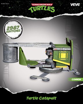 The image shows a promotional graphic for the "Turtle Catapult" digital collectible by VeVe, featuring a green and gray catapult designed to launch a Classic Turtle variant, with text indicating 2987 editions, a Common rarity tier, and a release date of July 29th.