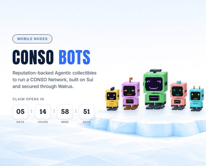 A promotional graphic for 'CONSO BOTS' described as 'Reputation-backed Agentic collectibles to run a CONSO Network, built on Sui and secured through Walrus', featuring colorful pixel-art robot figures and a countdown timer.