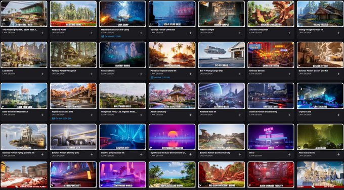 The image displays a grid of diverse thumbnail images on what appears to be the Civitai platform, showcasing various AI-generated scenes labeled with titles like "Lost Shelter," "Medieval Ruins," "Core Camp," "Sci-Fi Cliff Base," "Ancient Obelisk," and "Viking Village Modular Kit." These thumbnails represent user-generated content featuring fantasy, sci-fi, and historical environments, aligning with the post's praise for impressive creative work on the AI platform.