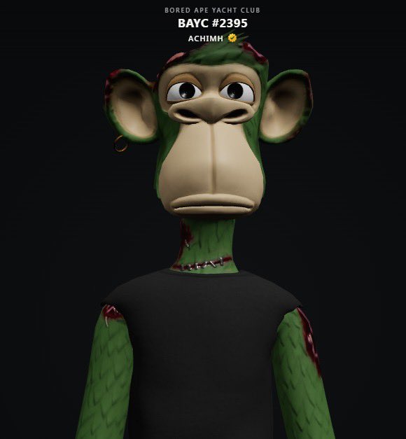 A 3D rendering of Bored Ape Yacht Club #2395, named "ACHIMH," depicted as a green-furred ape with stitched scars, a black shirt, and gold earring against a dark background. The image directly relates to the post's mention of bringing an ape to life, showcasing the digital character in a lifelike, interactive form via moxapp.io.