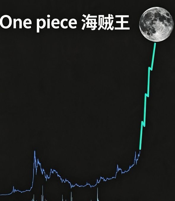 A stock chart titled 'One piece 海賊王' showing a dramatic upward price spike in green reaching toward a moon graphic against a black background.