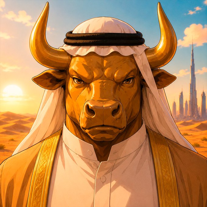 The image shows an illustration of a golden bull wearing a traditional Arab headdress (keffiyeh and agal), set against a desert backdrop with a city skyline featuring the Burj Khalifa. This relates to the post's $15 giveaway by symbolizing "bullish" market optimism and the "addys" (Solana addresses) crypto engagement, with the bull representing a strong, upward financial trend.