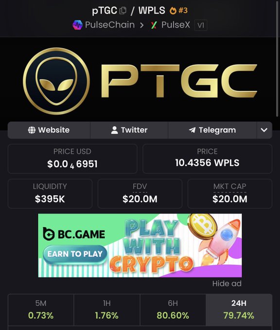 A PulseChain token tracker page for pTGC showing a price of $0.046951 (10.4356 WPLS), $20.0M market cap, $395K liquidity, and strong 24-hour gains of 79.74%, supporting the post's claim that "The #PTGC run has begun!"