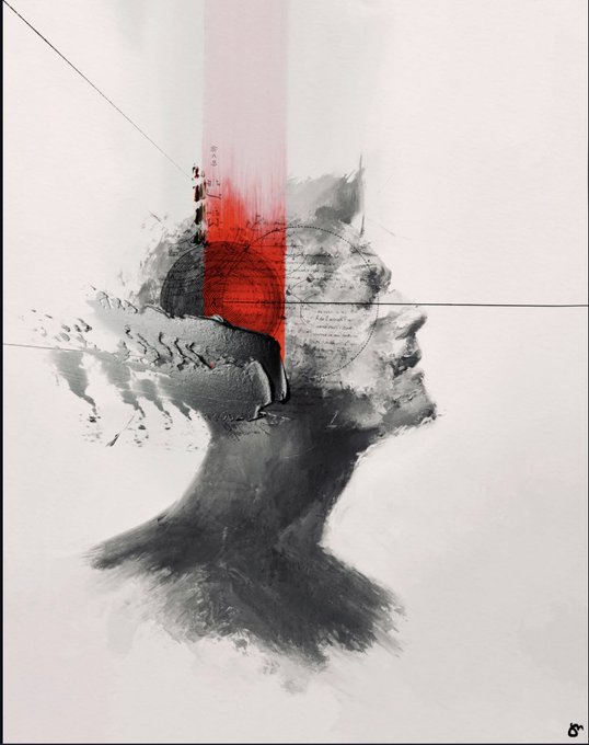 An abstract mixed-media artwork featuring black charcoal-like strokes, a vertical red streak, and faint geometric and handwriting elements on a white background.