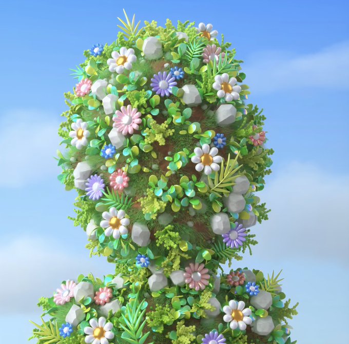 The image features a 3D rendering of a person's face, which appears to be made out of flowers and leaves. The flower garden surrounding the face consists of various types of flowers with different colors, including pink, white, green, and purple. The background is a clear blue sky with fluffy clouds. The post includes text that reads "Beyond stoked to see Adam pickup another @goodvibesclub 1/1 Flower Power is probably my favorite in terms of just pure artistic achievement in the entire collection Really exciting times ahead for GVC".