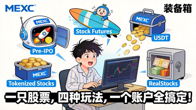 A promotional graphic for MEXC exchange featuring a cartoon boy at a trading desk surrounded by icons representing four trading options: Pre-IPO, Stock Futures, USDT, and Tokenized Stocks/RealStocks, with Chinese text at the bottom reading '一只股票，四种玩法，一个账户全搞定!' (One stock, four ways to play, all in one account).