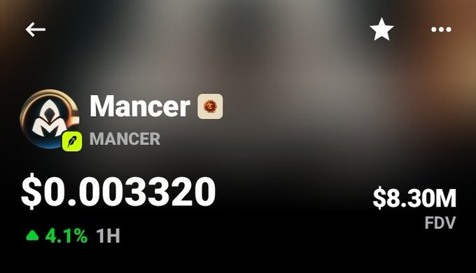 The image shows a crypto tracking app displaying the "Mancer" (MANCER) token at a price of $0.003320 with a $8.30M FDV and a 4.1% gain in the last hour, supporting the post's claim of entering around a $3.4M market cap and being in profit.