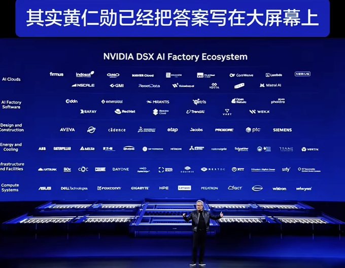 二年四月12日, 2020, at the launch of an AI ecosystem called DSNX AI Factory ecosystem. A man stands behind a blue screen that has the text "NVDIA DSX AI Factory ecosystem" on it. The man is wearing a black jacket and has his hands in the air while pointing to something off-camera.