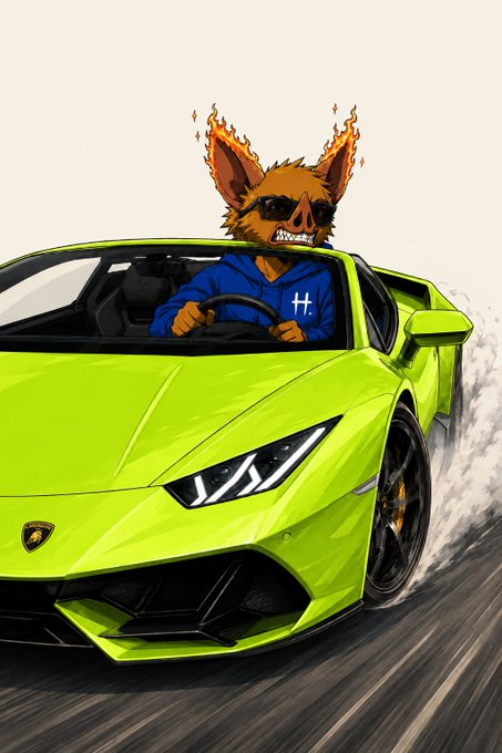 A cartoon illustration of an anthropomorphic creature with flaming ears driving a green Lamborghini sports car in a hooded sweatshirt marked with 'H'.