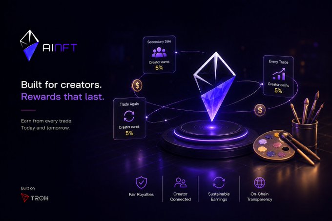 An advertisement for 'AINFT' displaying 'Built for creators. Rewards that last' with icons showing creator earnings of 5% on secondary sales, every trade, and trade again, built on TRON.