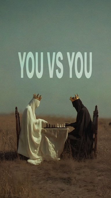 A conceptual image with 'YOU VS YOU' text showing two robed figures wearing crowns playing chess against each other in a barren landscape.