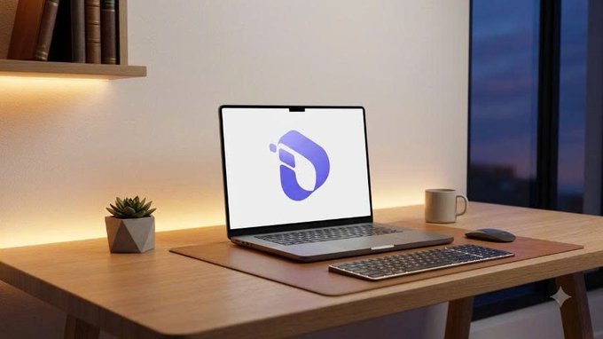A laptop on a wooden desk displays a purple and blue logo on its screen, accompanied by a small potted succulent, coffee mug, and keyboard in a warmly lit room.