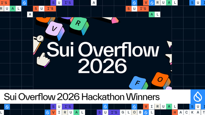 A graphic announcing 'Sui Overflow 2026 Hackathon Winners' with colorful keyboard-style letter blocks in the background.