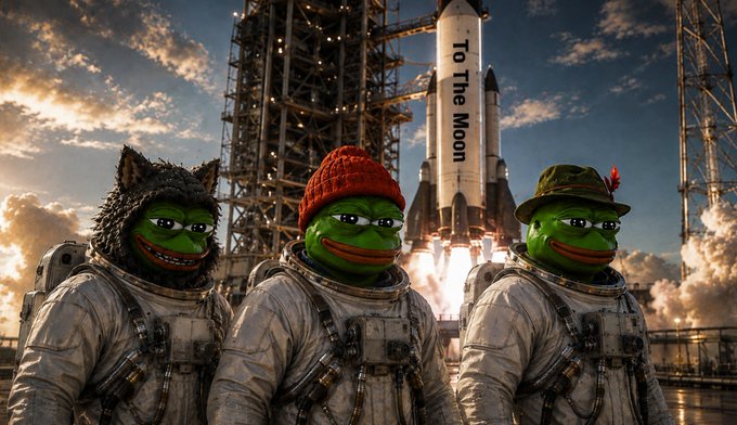 Three Pepe the Frog characters dressed as astronauts in spacesuits stand in front of a rocket launching, with "To The Moon" written on the rocket's side.