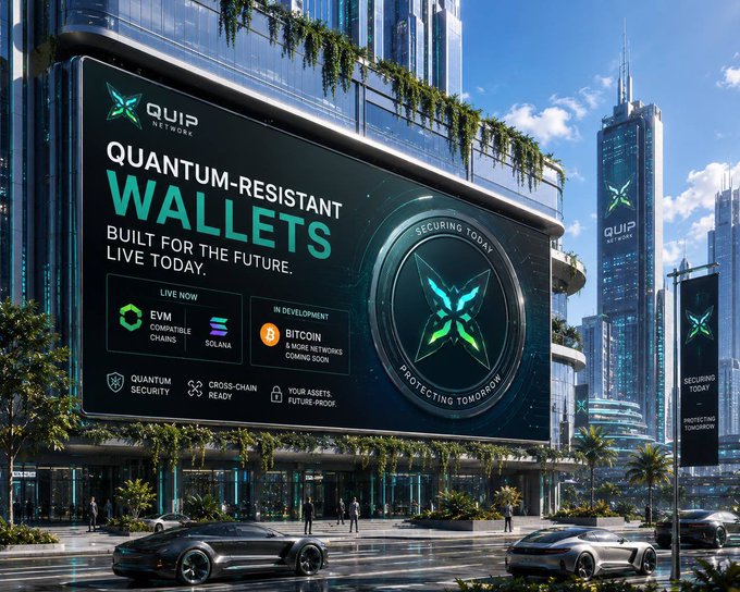 The image features a billboard for Quantum-Resistant Wallets, which is an advertisement promoting a new type of wallet designed to resist future changes or attacks. The billboard includes a large logo with a butterfly symbol, representing the concept of resistance against change. There are several cars parked in front of the billboard and buildings visible behind it, indicating that this advertisement is being displayed in a city setting.

The post also discusses GM Legends most "quantum wallet" discussions still feel limited to one ecosystem @quipnetwork taking a different route their quantum-resistant wallets already work across EVM chains + Solana, while Bitcoin support is now being built next that's actually a pretty important". The image focuses on the advertisement and its message about Quantum-Resistant Wallets.